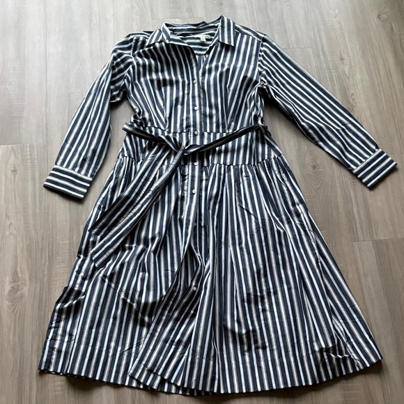 Free Assembly Dresses & Skirts - Striped Long-Sleeve Shirt Dress with Waist Tie - Dark Blue & White